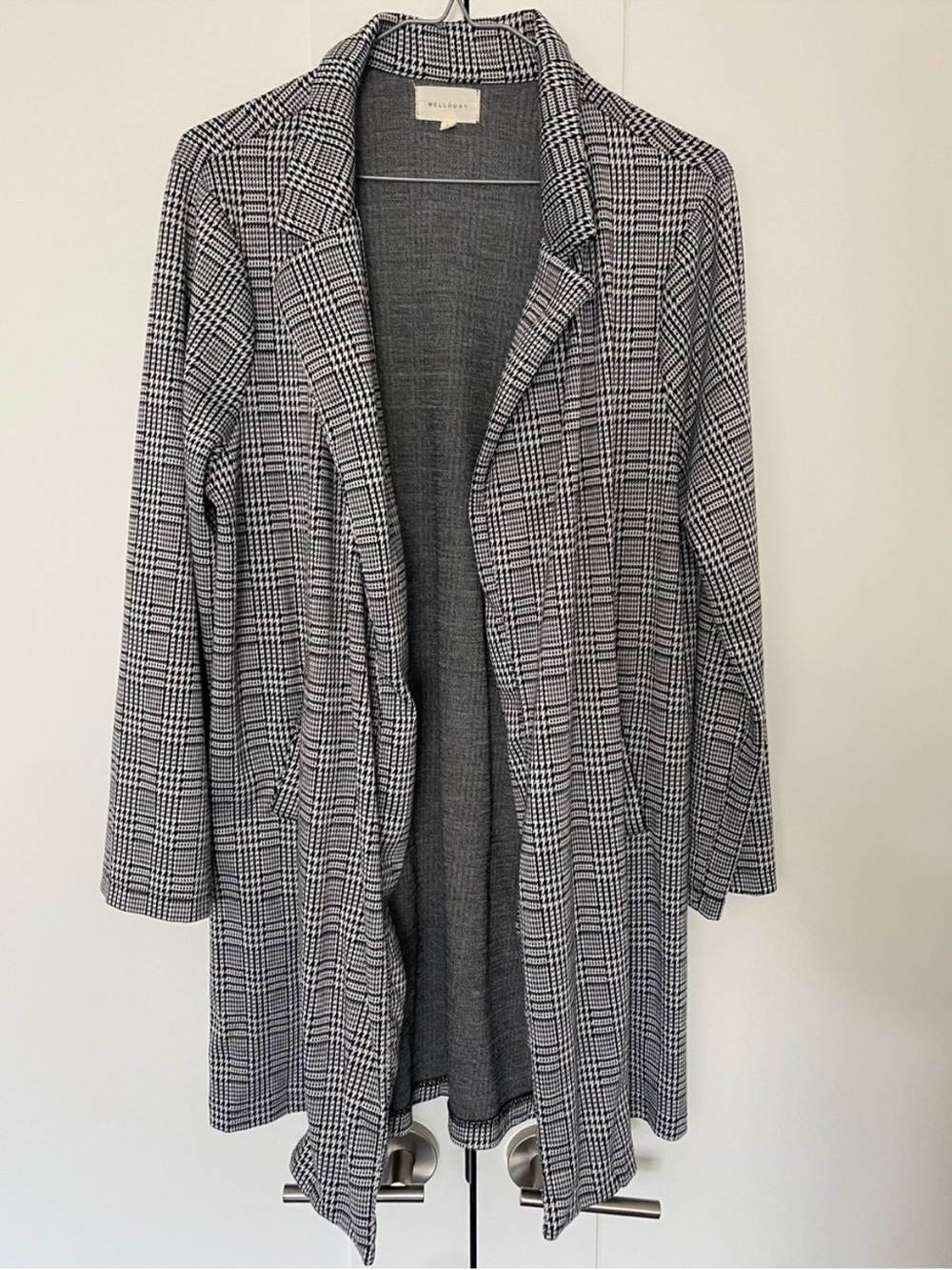 MELLODAY Houndstooth Plaid Longline Blazer Cardigan Large Black / White